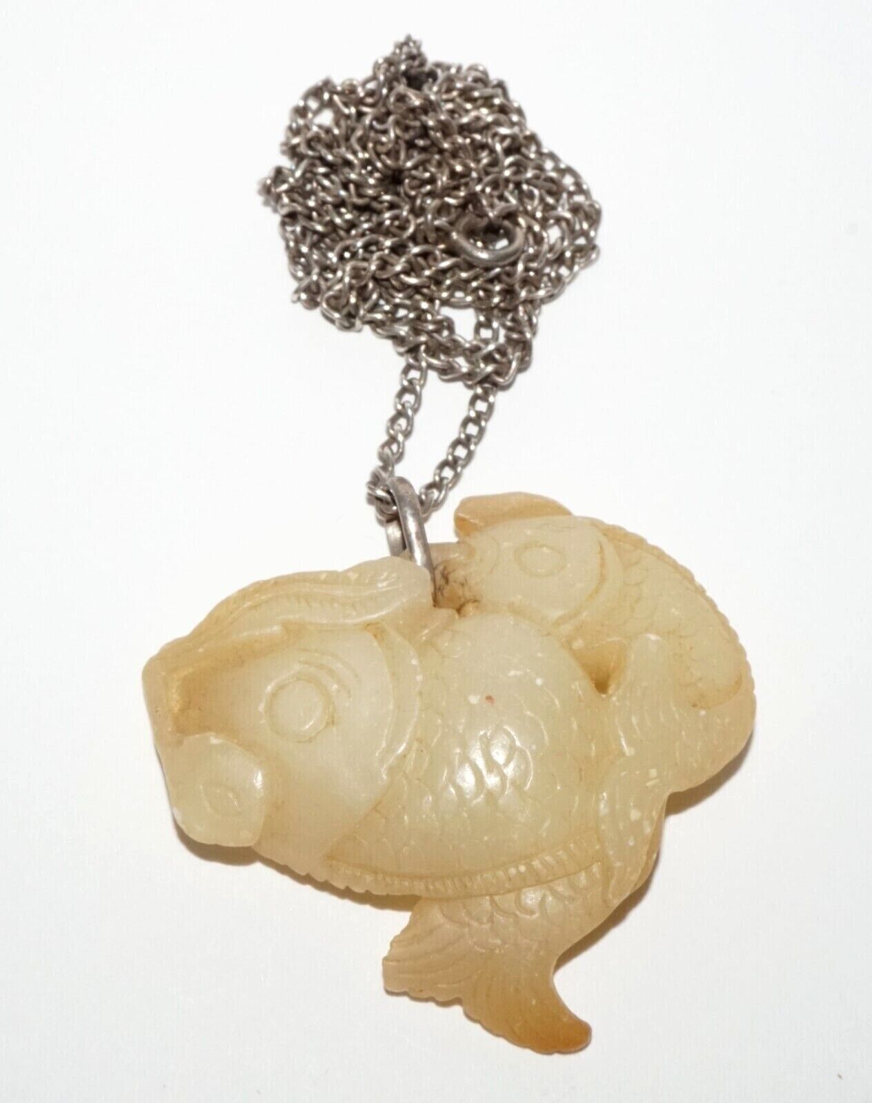 Vintage Chinese Yellow Jade Double Carp Motif Pendant w. Silver Chain (LeS) G9
