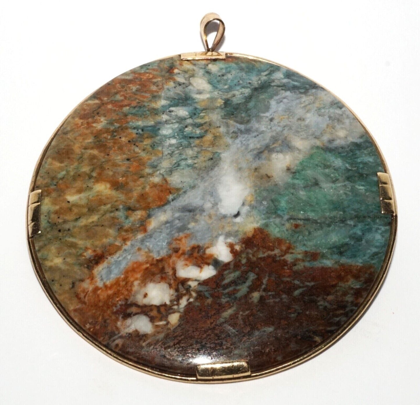 Chinese 14K Yellow Gold Brooch Pendant w. Picture Jade Disk by Ming's (LeS) G10