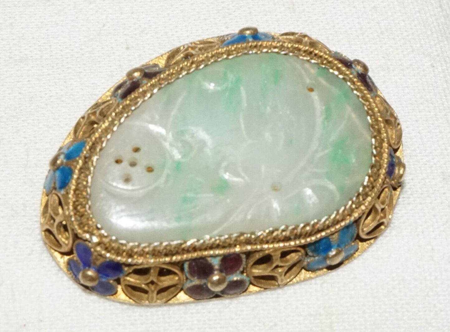 Antique Chinese Silver Filigree & Enamel Brooch set w. Jadeite Jade (InS)#L1-3