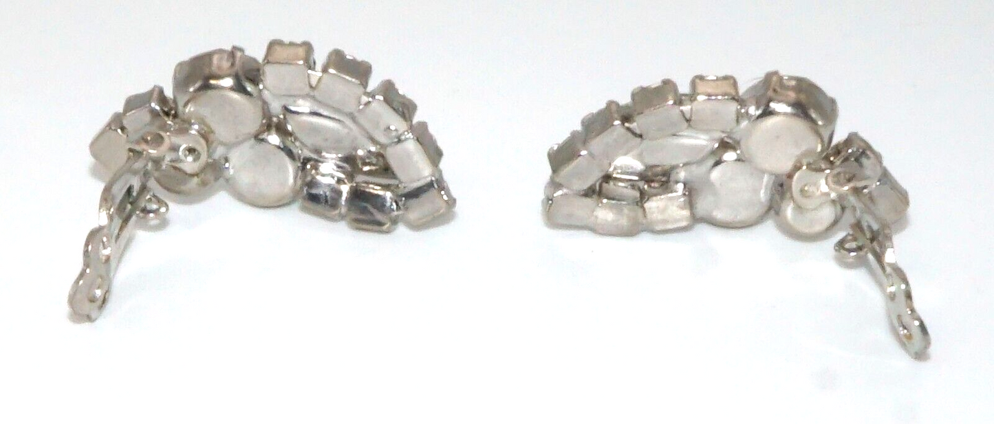 Vintage Silver tone Rhinestone Clip On Earrings w Round & Marquise Stones (McC)