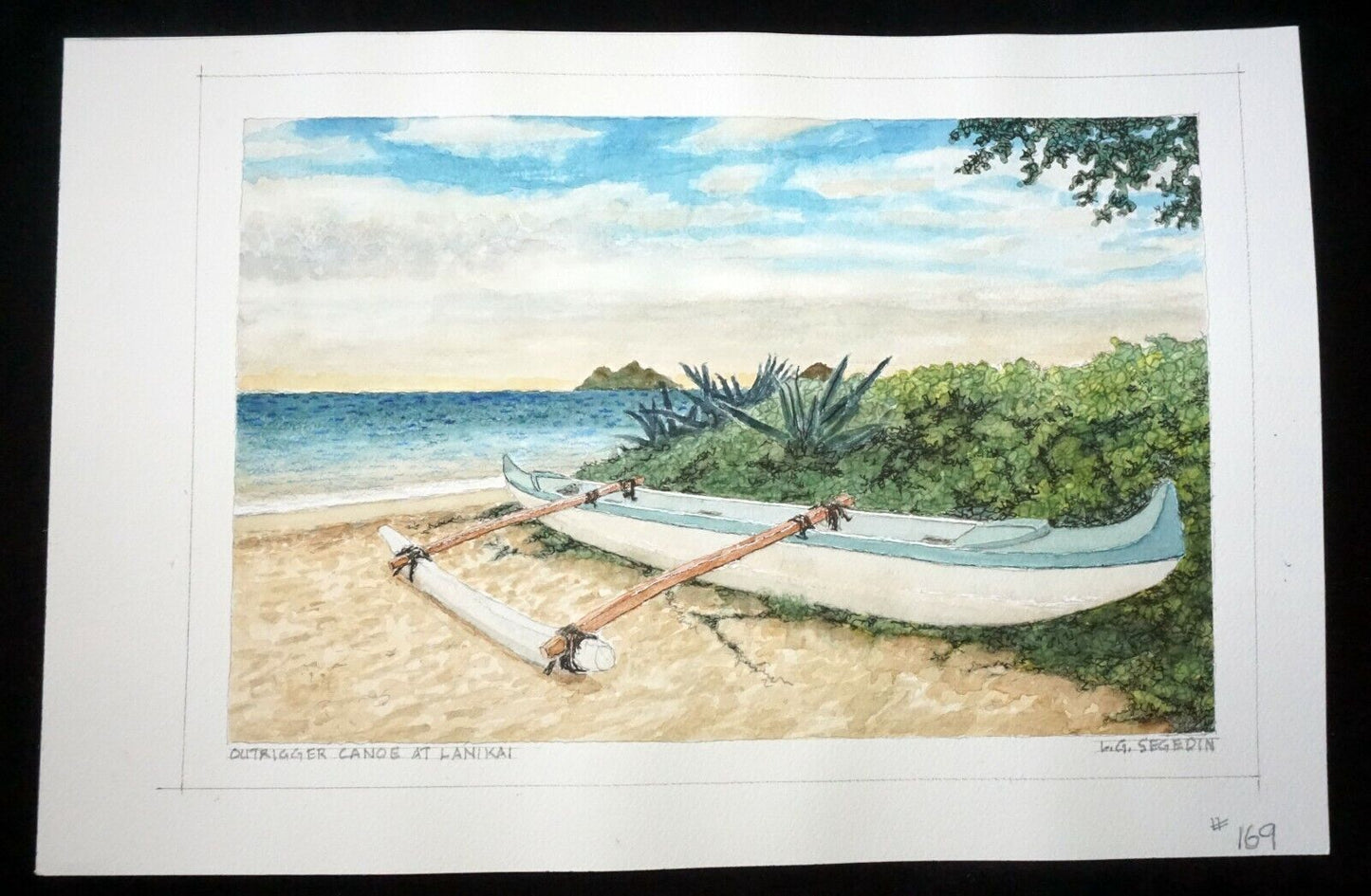 Hawaii Watercolor Painting Outrigger Canoe at Lankai Beach by Larry Segedin #169