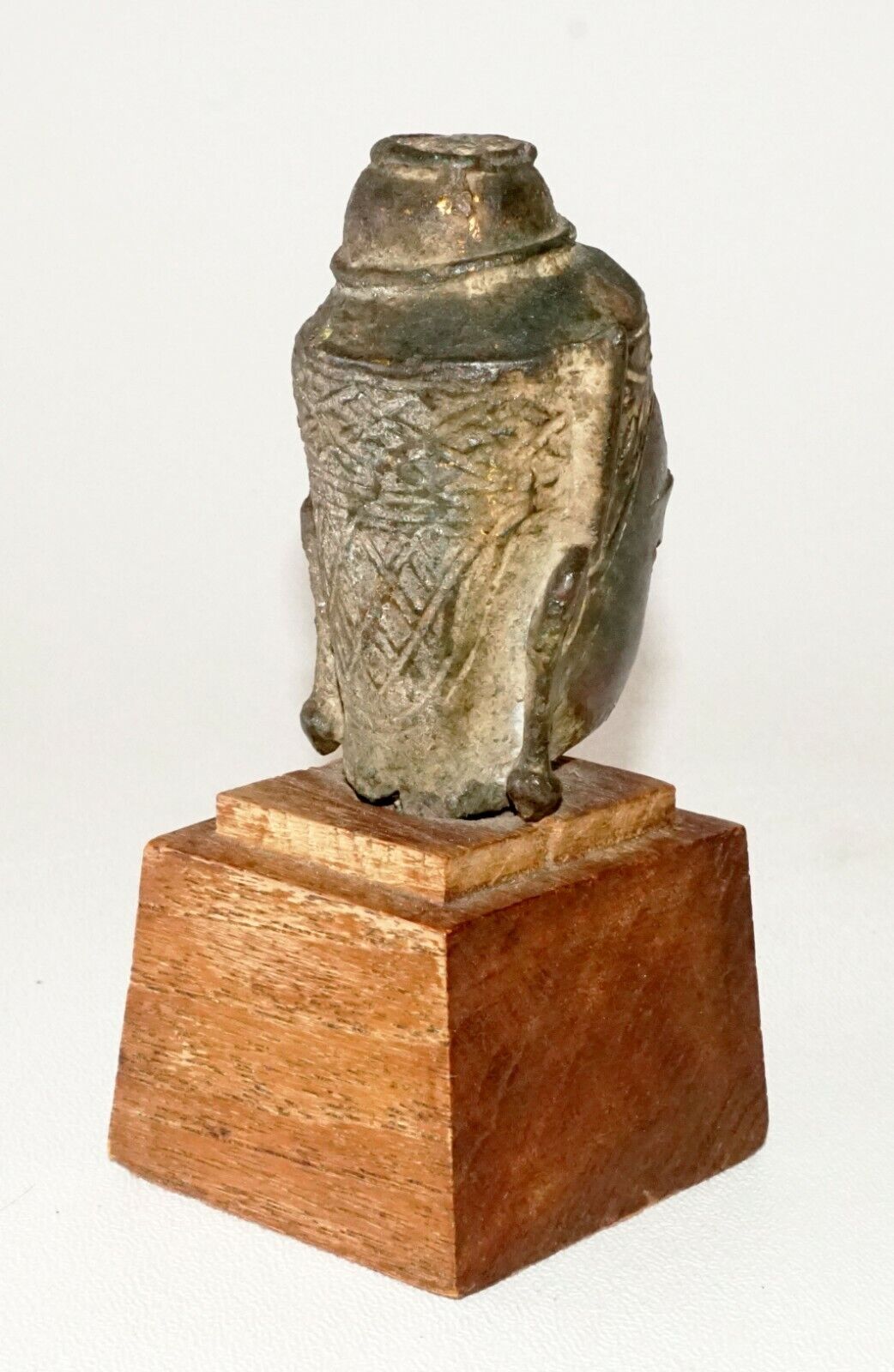 Antique S.E. Asian Mounted Bronze Buddha Head Fragment on Wooden Base (TaE)
