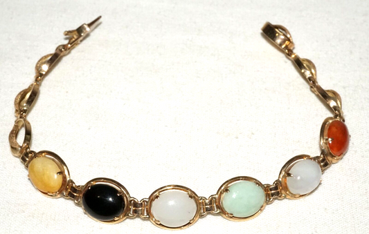 Vintage Chinese 14k Yellow Gold Bracelet w. 6x Multicolor Jade Accents (InS)L5