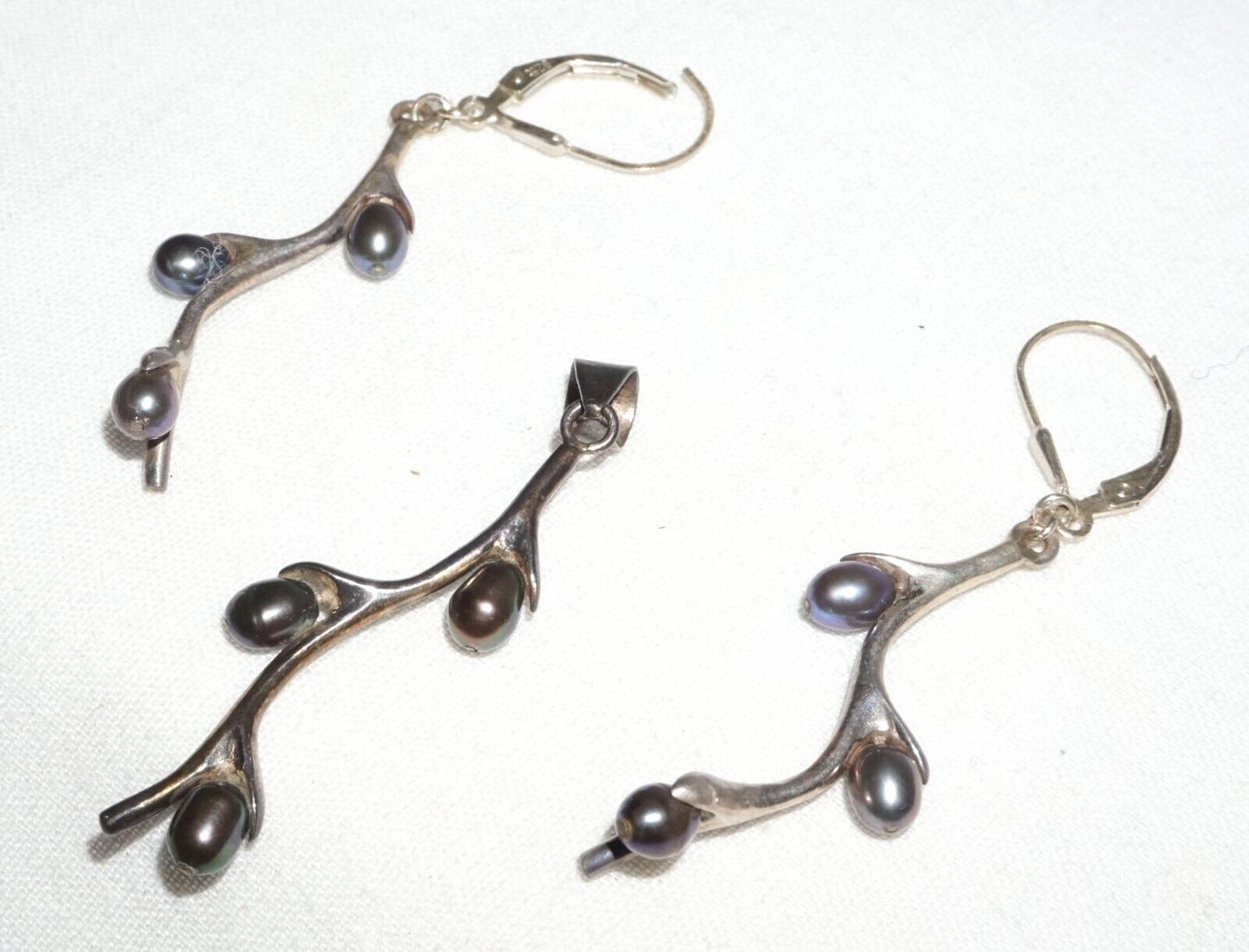 3Pc Vtg Sterling Silver & Grey Pearl Branch Motif Earrings & Pendant set (JoD)