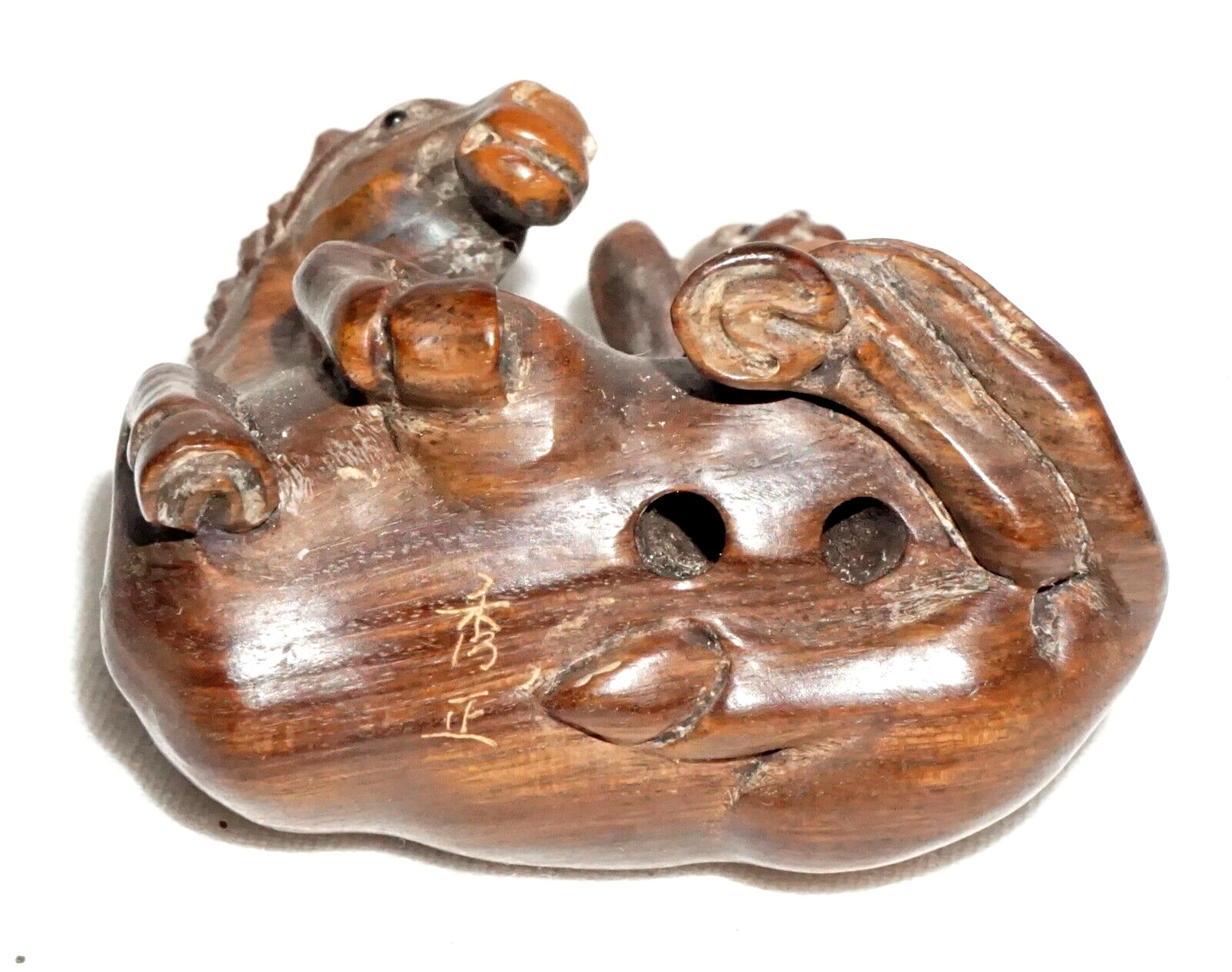 Vintage Japanese Carved Wooden Netsuke Monkey Seated on a Horse signed (FeH