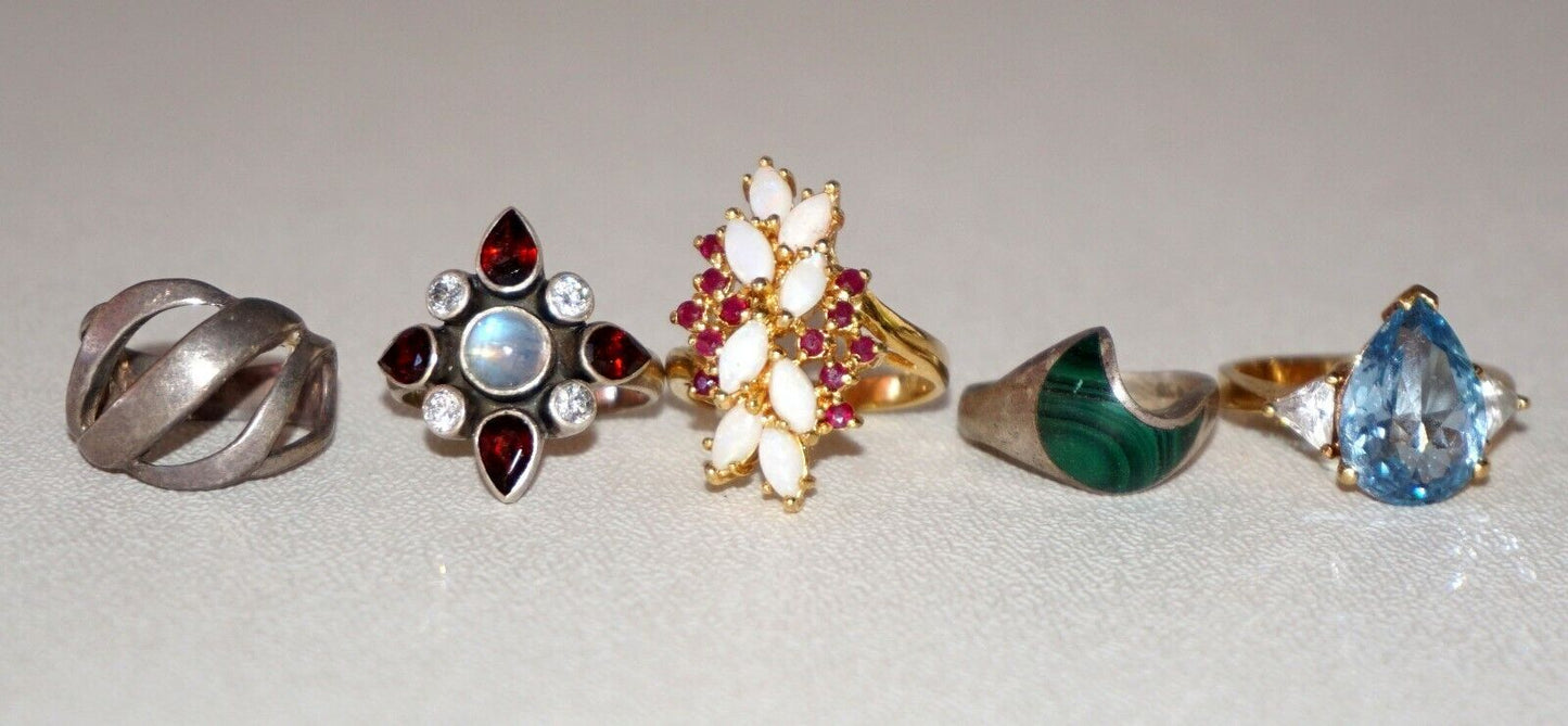 5x Sterling Silver Rings Opals Rubies Garnets Moonstone Topaz Malachite (NoN)R40