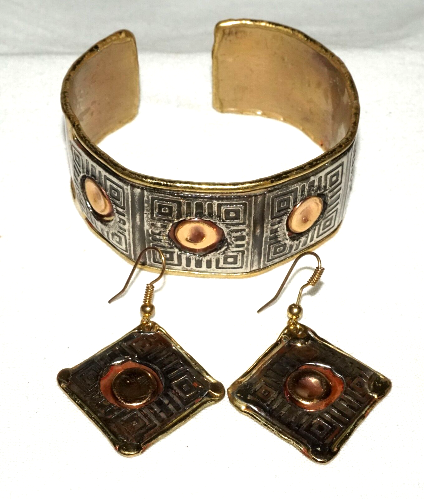 3Pc Modernist Silver & Copper & Brass Handmade Earrings & Bracelet (KoS) L13/19