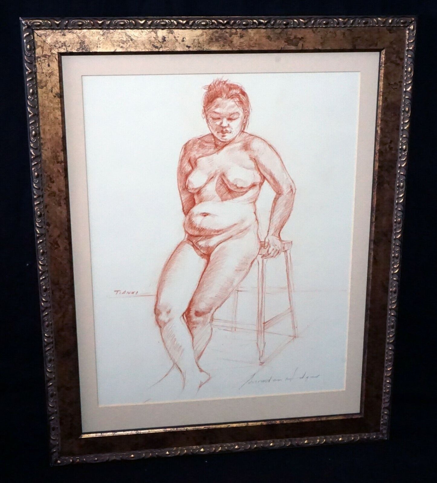 Hawaii Framed Conte Drawing Standing Female Nude Tianni by Snowden Hodges (Sho)