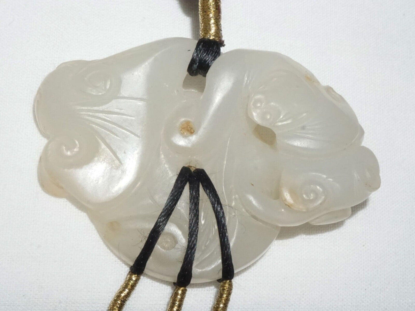 19C Chinese Nephrite Jade Pendant w. Bat & Coin Motif on Cord Necklace (FeL)