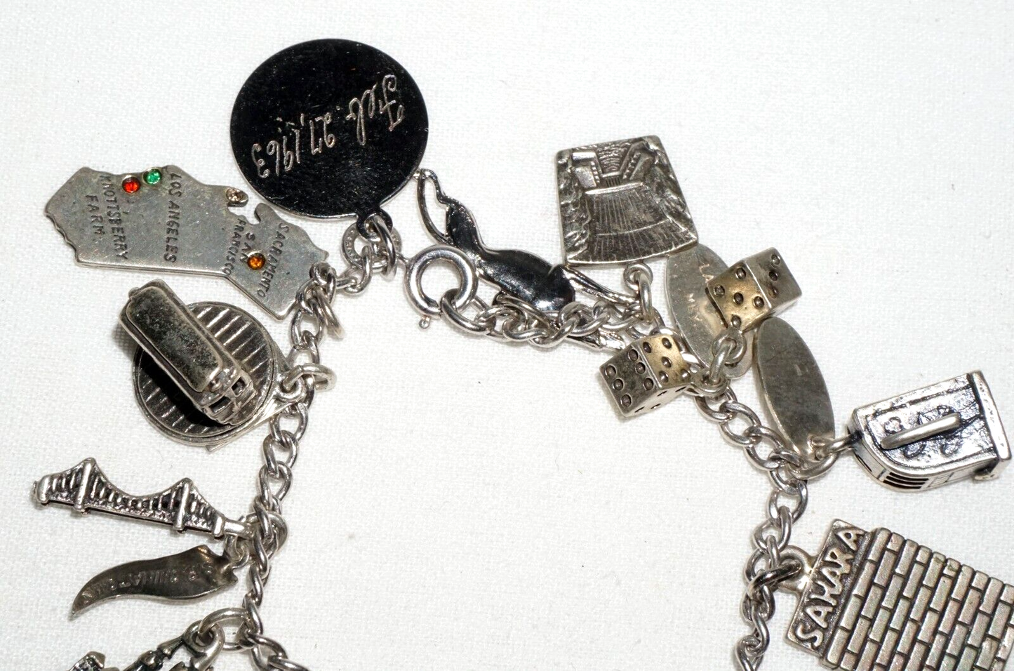 Vintage Sterling Silver Charm Bracelet w. 16x Travel & City Charms (BrM)#6