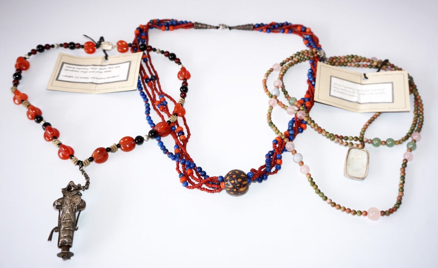 3x Chinese Mixed Bead Necklaces w. Jade, Coral & Silver by Yasue Yamada (Yam)#8