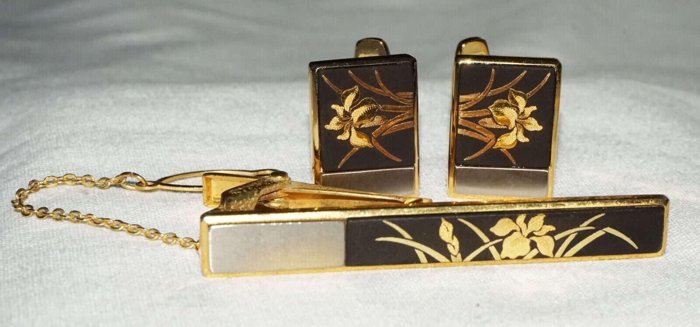 3Pc Japanese 18k Gold Plated Tie Clasp & Cufflinks w. Lacquer Flower Motif (OdC)