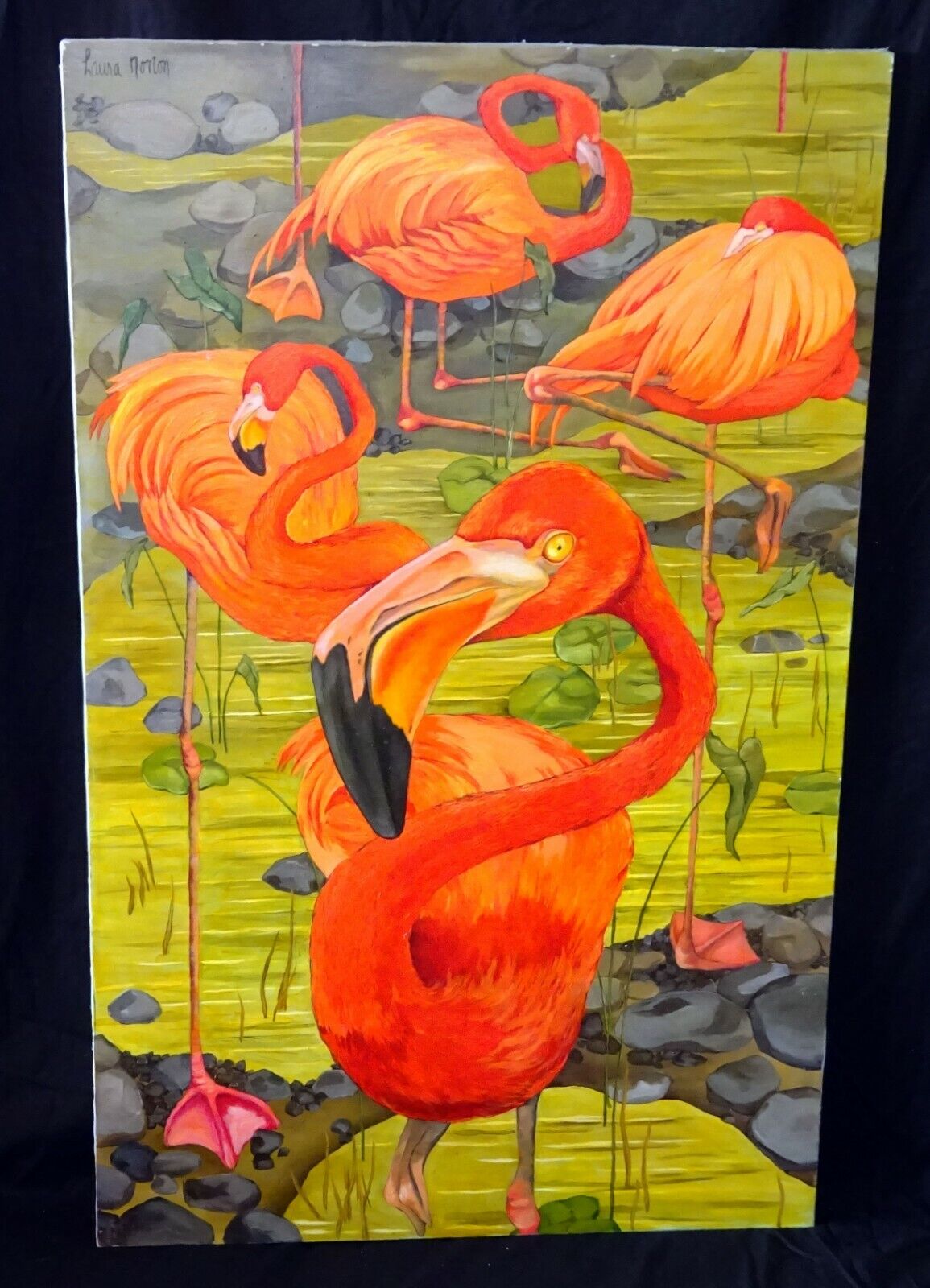 Vintage US Whimsical Acrylic Painting "The Four Flamingos" by Laura Norton (ScD)