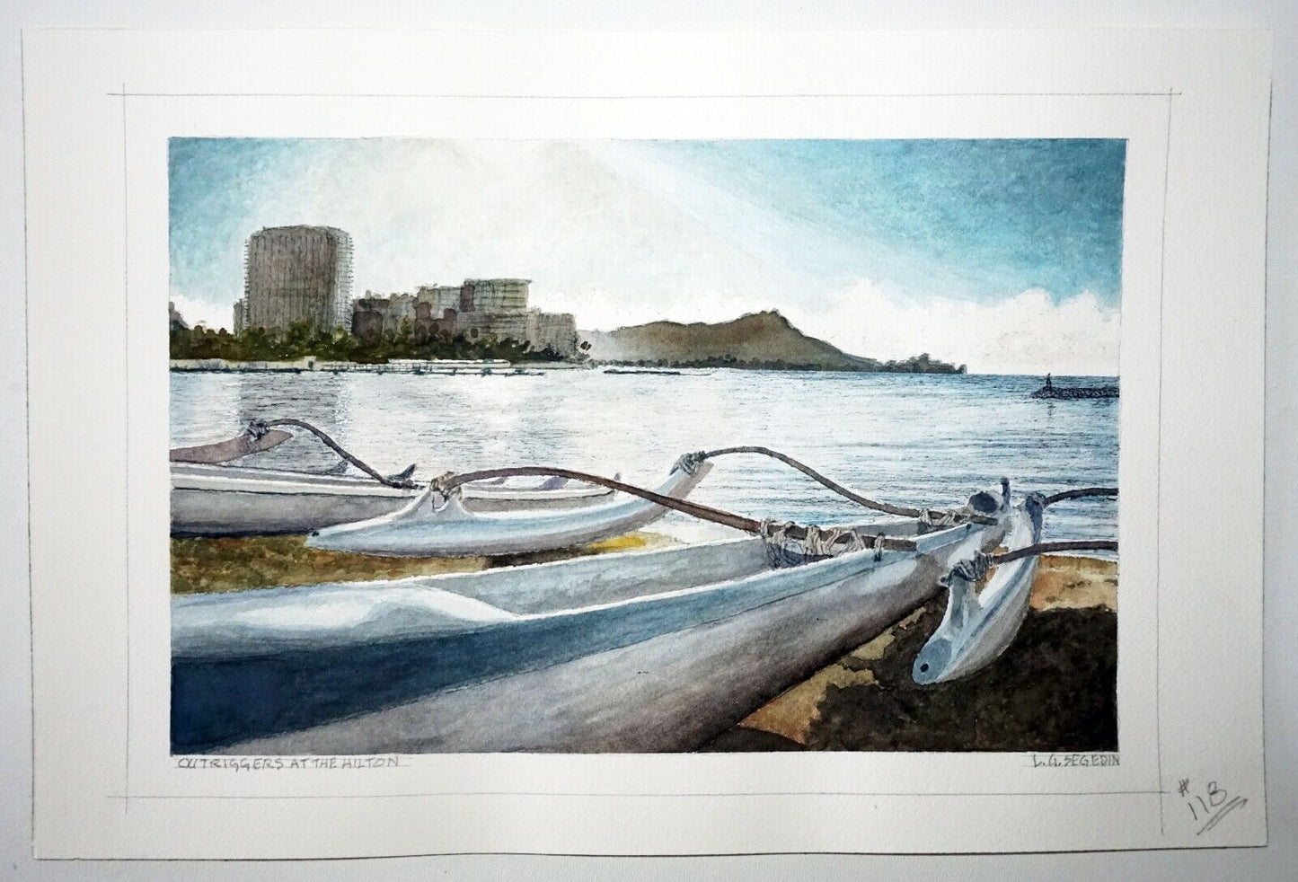 Hawaii Watercolor Painting "Outrigger Canoes @ Hilton Lagoon" by L. Segedin #118