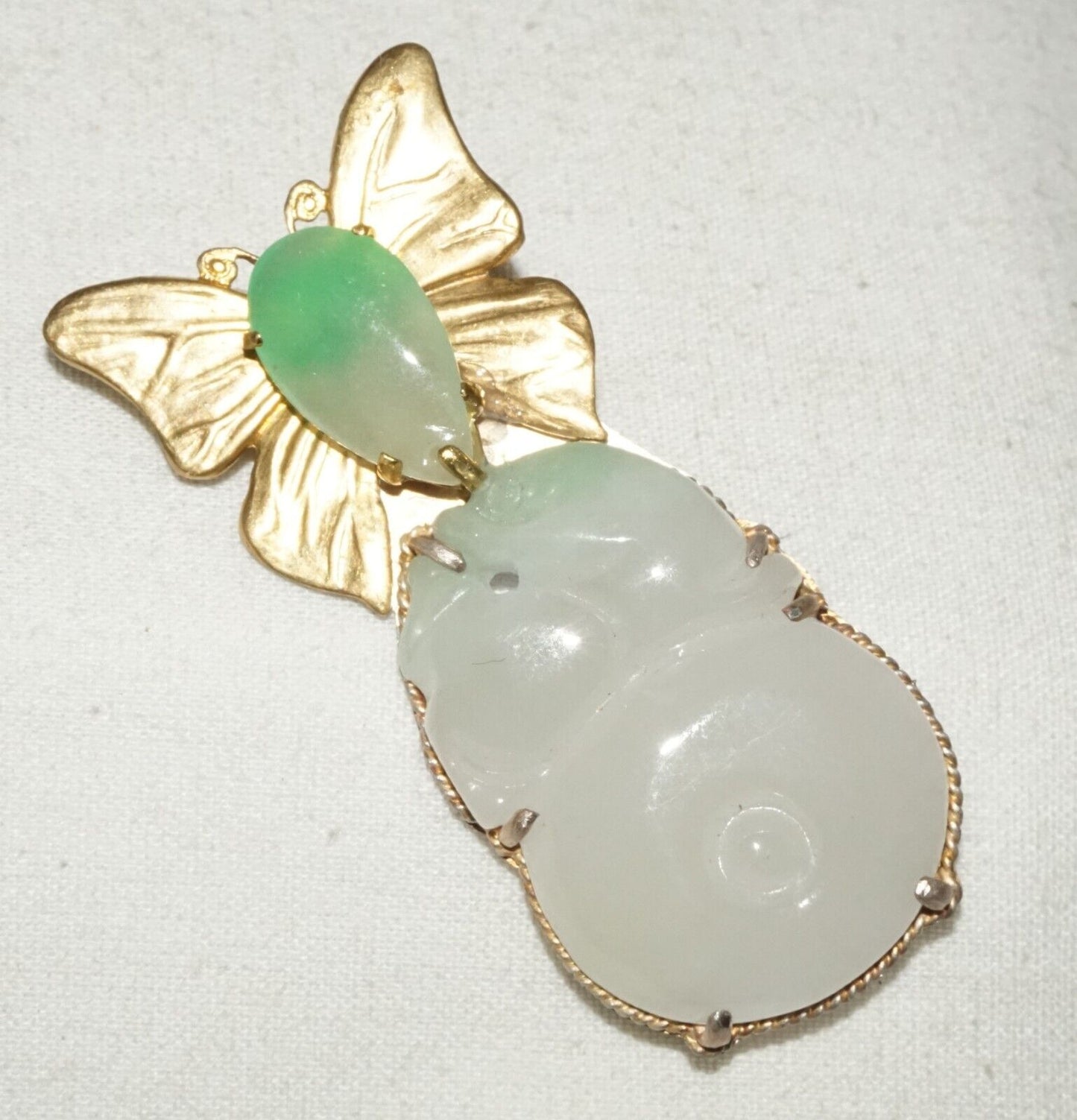 Vintage Chinese Fashion Jadeite Jade Butterfly Motif Brooch Pendant (LeP)