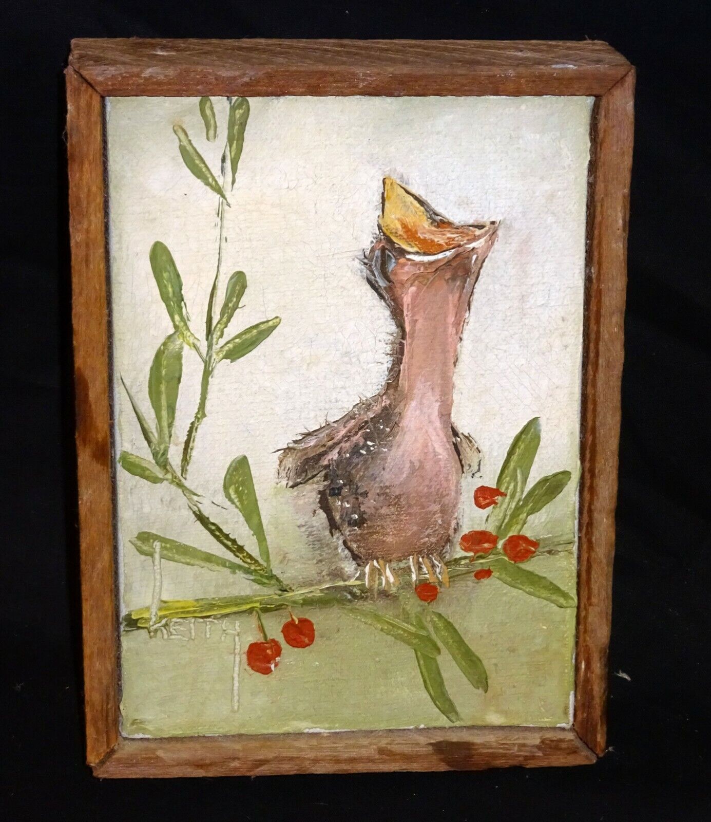 Vintage Mini Oil Painting "Screaming Fledgling Bird on a Branch" by Keith (ThB)