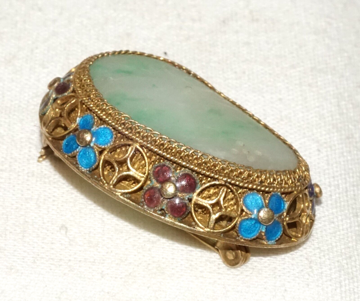 Antique Chinese Silver Filigree & Enamel Brooch set w. Jadeite Jade (InS)#L1-3