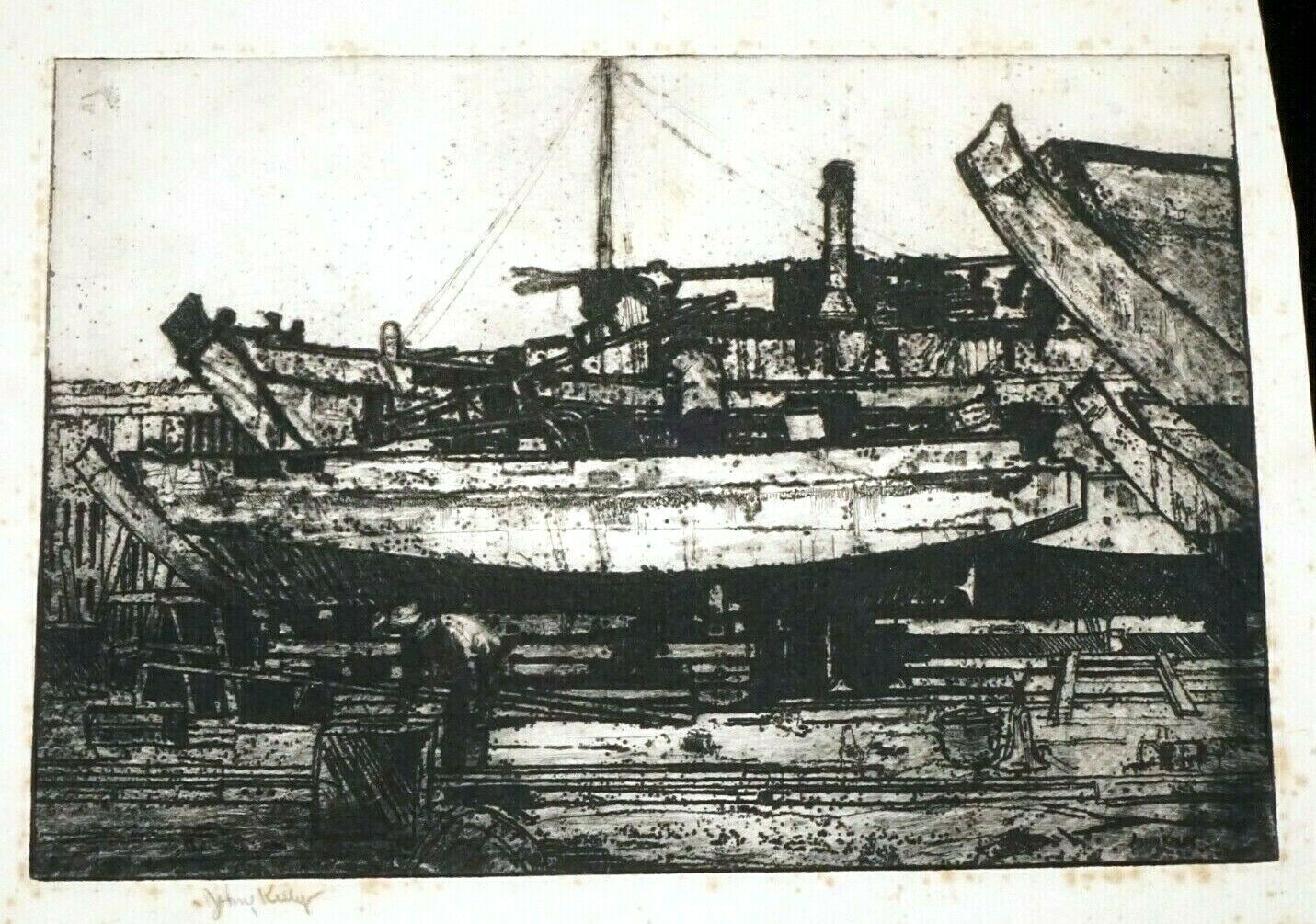 30s Hawaii Etching Print Dry Dock Boats by John Melville Kelly (1879-1962)(Kel)