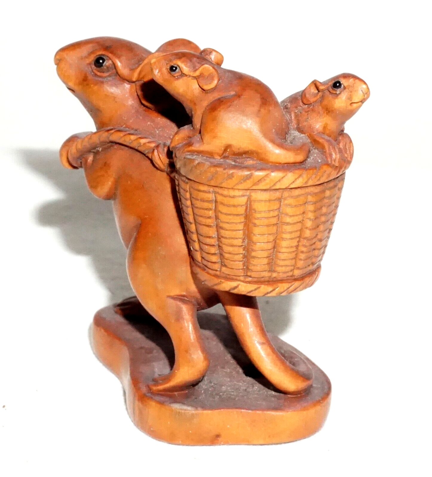 Vintage Japanese Carved Wooden Netsuke Mouse w. Basket & Babies (FeH