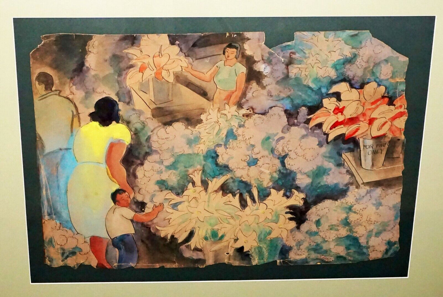 40s Hawaii Ink & Watercolor Painting Hilo Flower-shop by Robert L Eskridge (BeG)