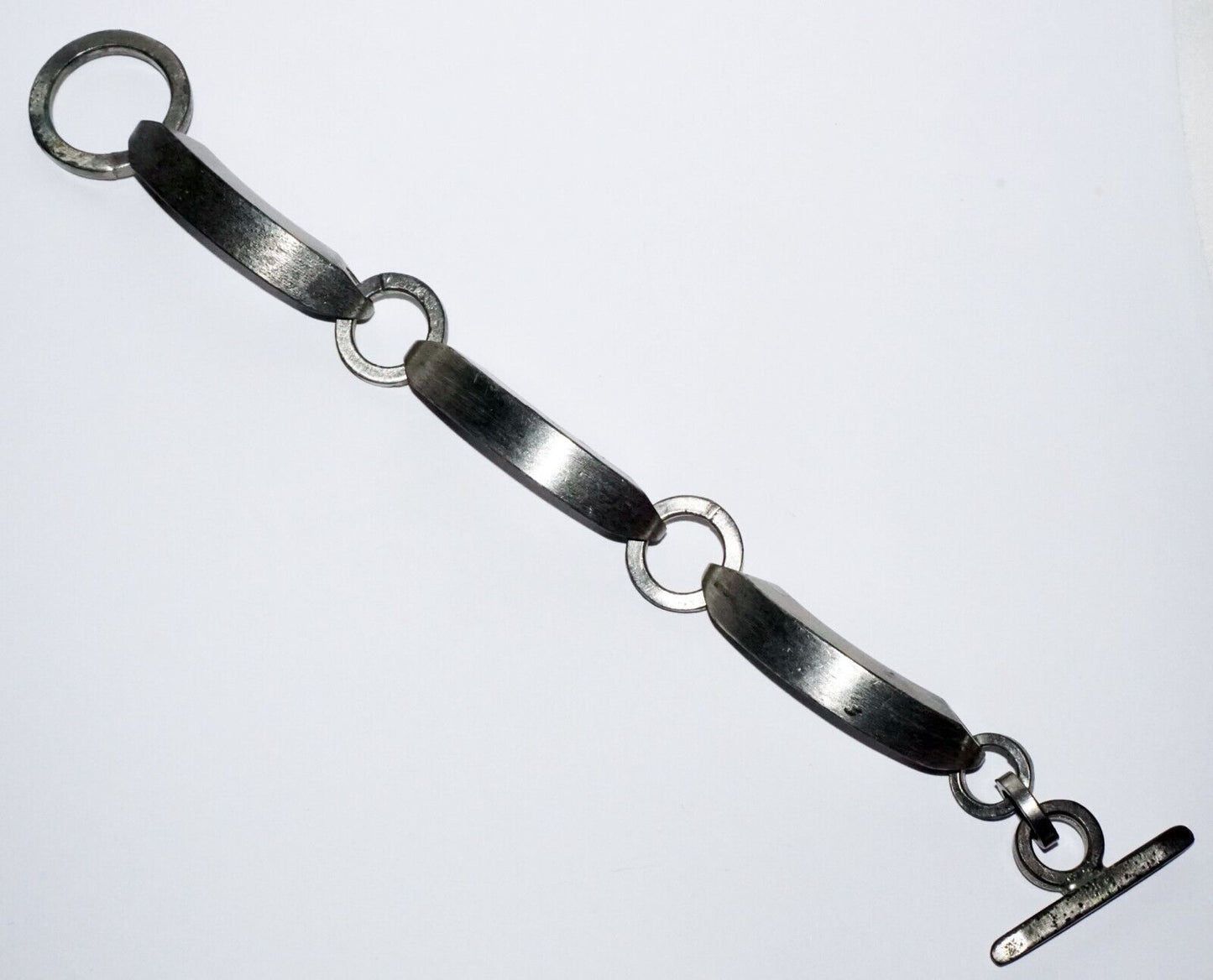 Vintage Brutalist Style Pewter Link Bracelet w. Disk Clasp (LeS) G13