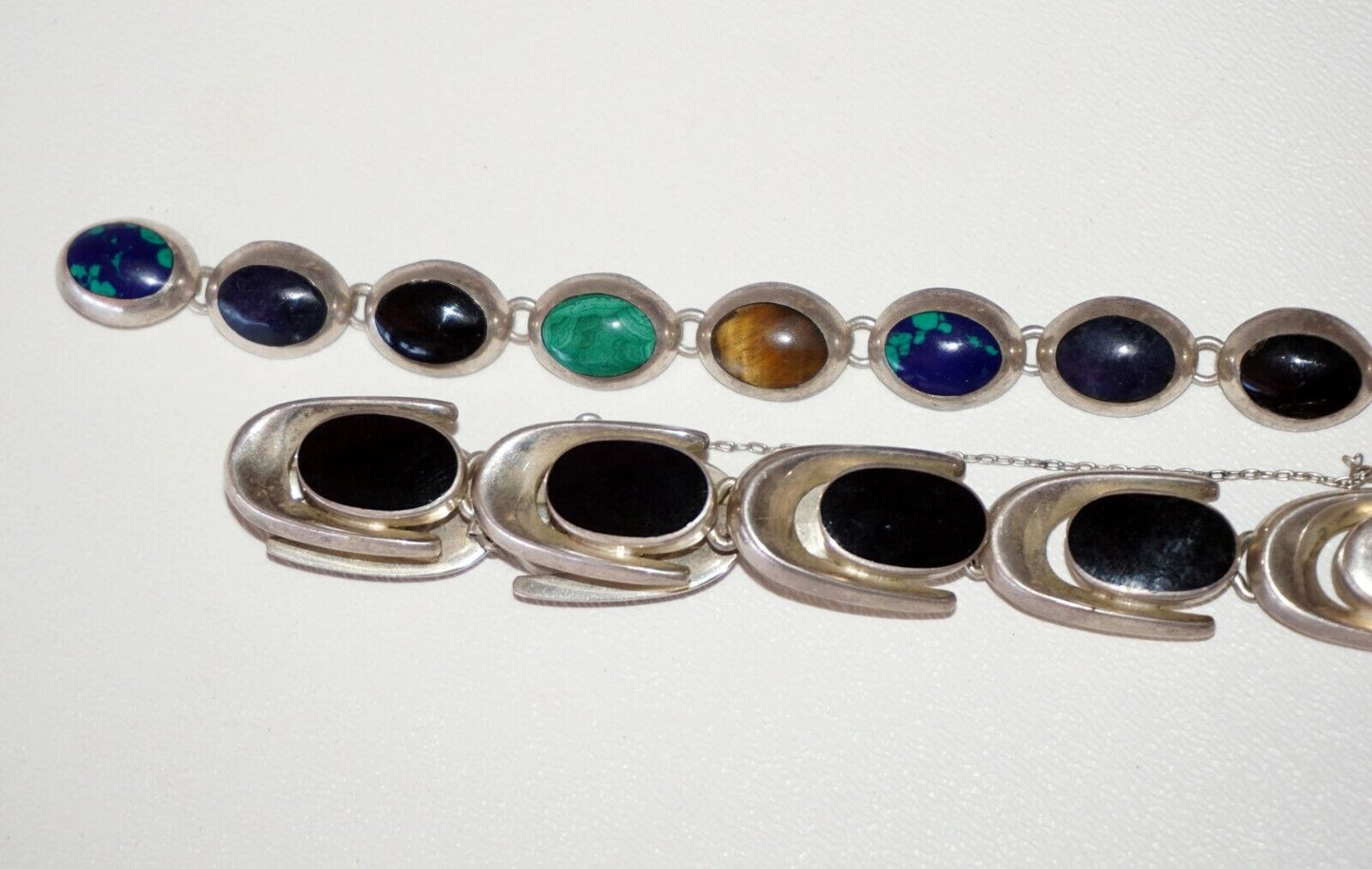 2Pc Modernist Sterling Silver Bracelets Onyx Turquoise Lapis Tigereye (NoN)B20