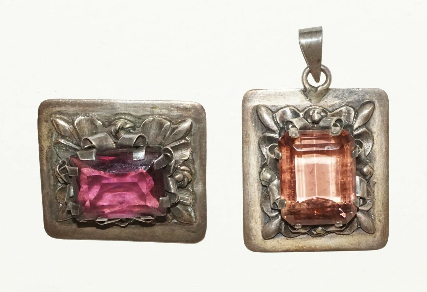 2Pc Vintage Brutalist Style Brooch & Pendant w. Tourmaline Accents (BrM)#31