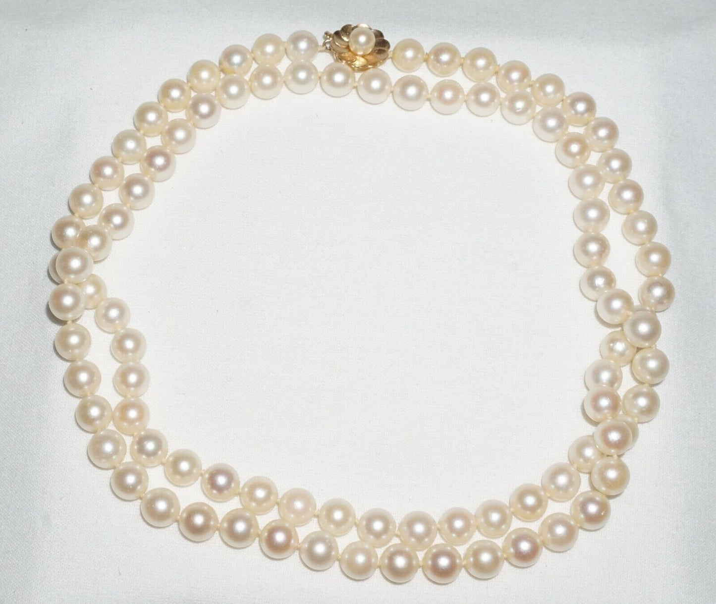 Vintage Single Strand Pearl Necklace 31" w 14k Yellow Gold Flower Clasp (BiB)