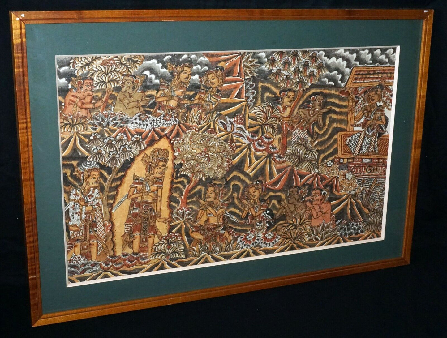 40s Balinese Koa Framed Folk Painting "Figures & Temples" unsigned (AsL)
