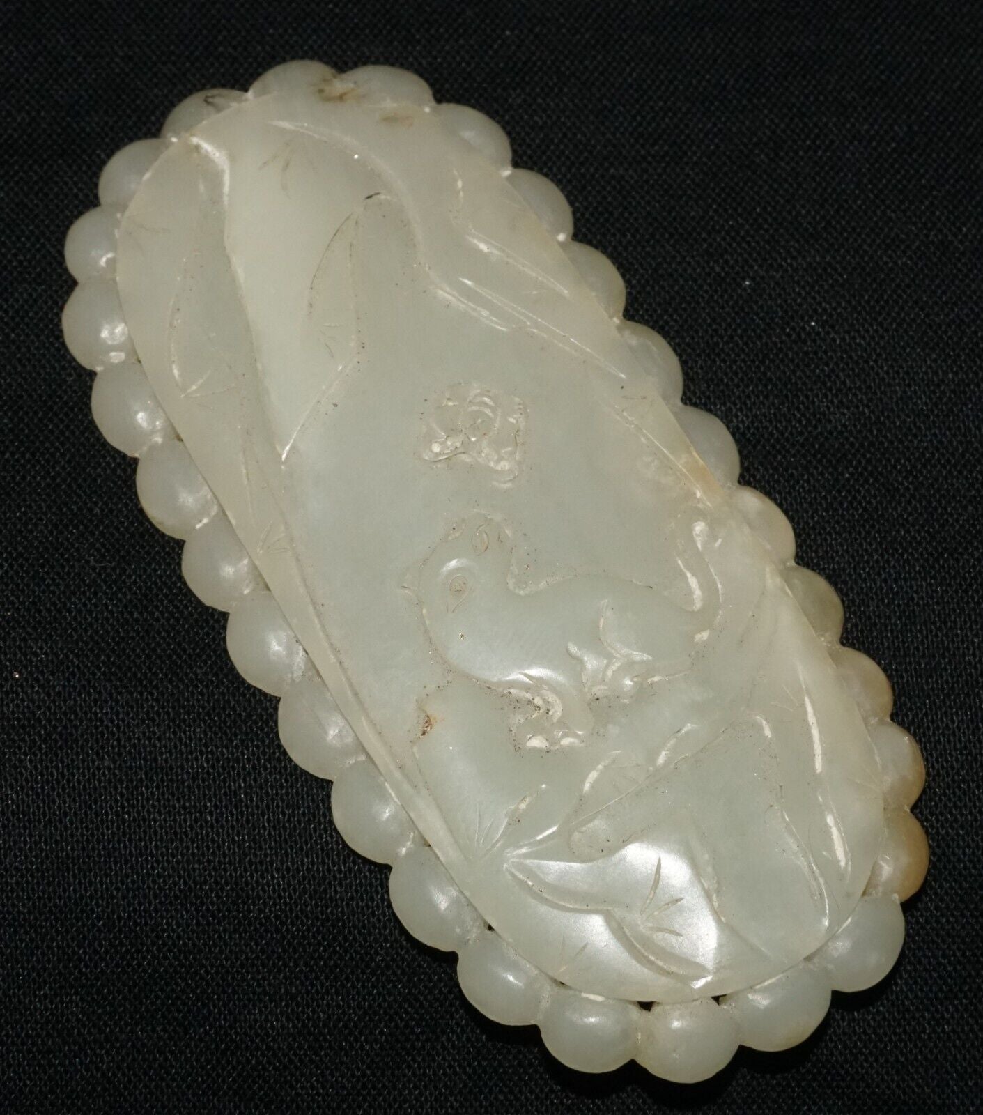 Antique Chinese Nephrite Jade Carving Feline & Butterfly in a Landscape (Les)L21