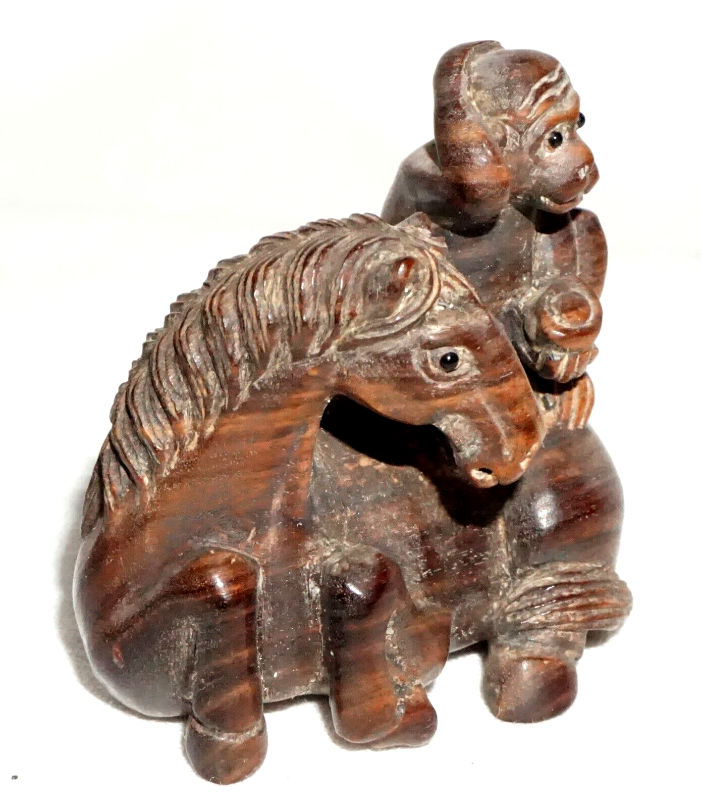 Vintage Japanese Carved Wooden Netsuke Monkey Seated on a Horse signed (FeH