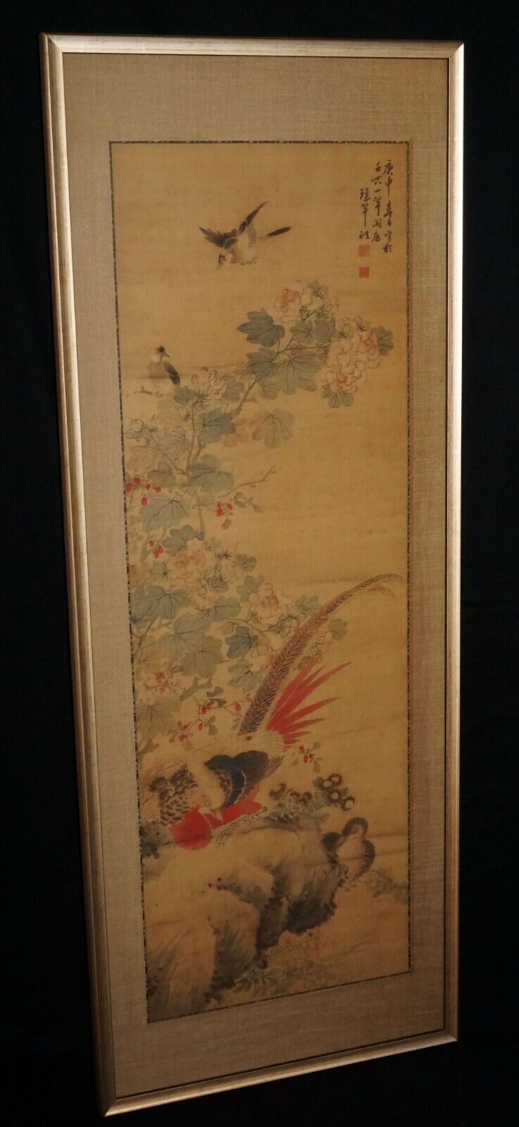 1800 Chinese Framed Painting Scroll Birds on Flowering Branch by Huan Chi (CWo)