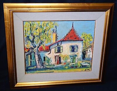 '50s Swiss Oil Heavy Impasto Painting "Villa" by Samuel Melchert (1916-1994)(Rud