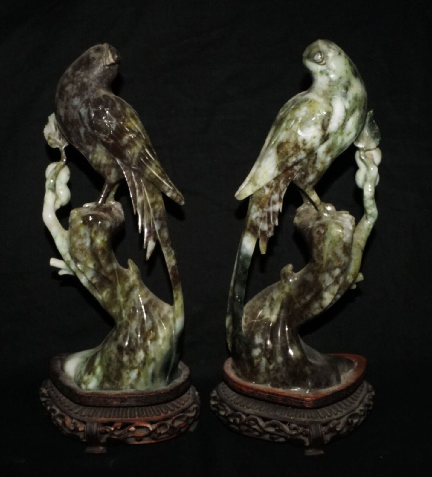 Pair Vintage Chinese Mottled Black Jadeite Jade Carvings Exotic Birds (LeD)