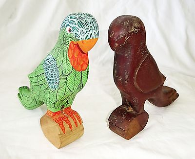 2x 1980s Haitian Wooden Parrot Bird Carvings Sculptures (Stea)