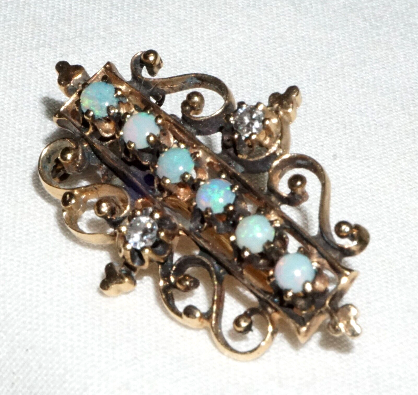 Antique Scroll Motif 14k Yellow Gold Brooch set w. 2x Diamonds & 6x Opals (GeB)6