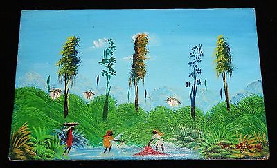 1980's Haitian Acrylic Mini Painting "Washing Laundry" by illegible signed (Stea