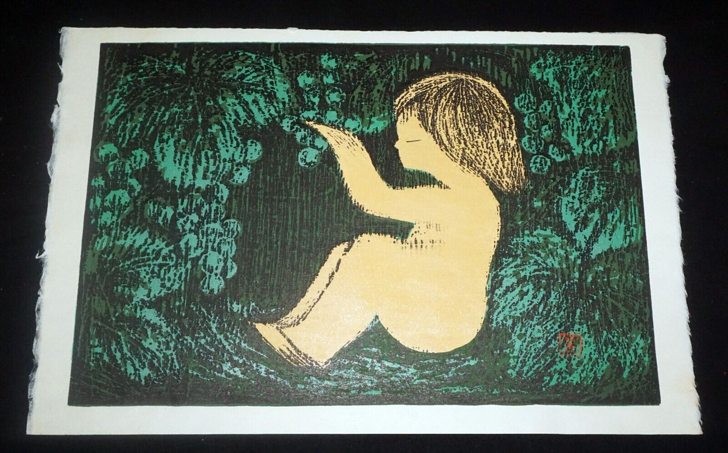50s Japanese Woodblock Print Girl in the Forest by Kawano Kaoru (1916-1965)(SeF)