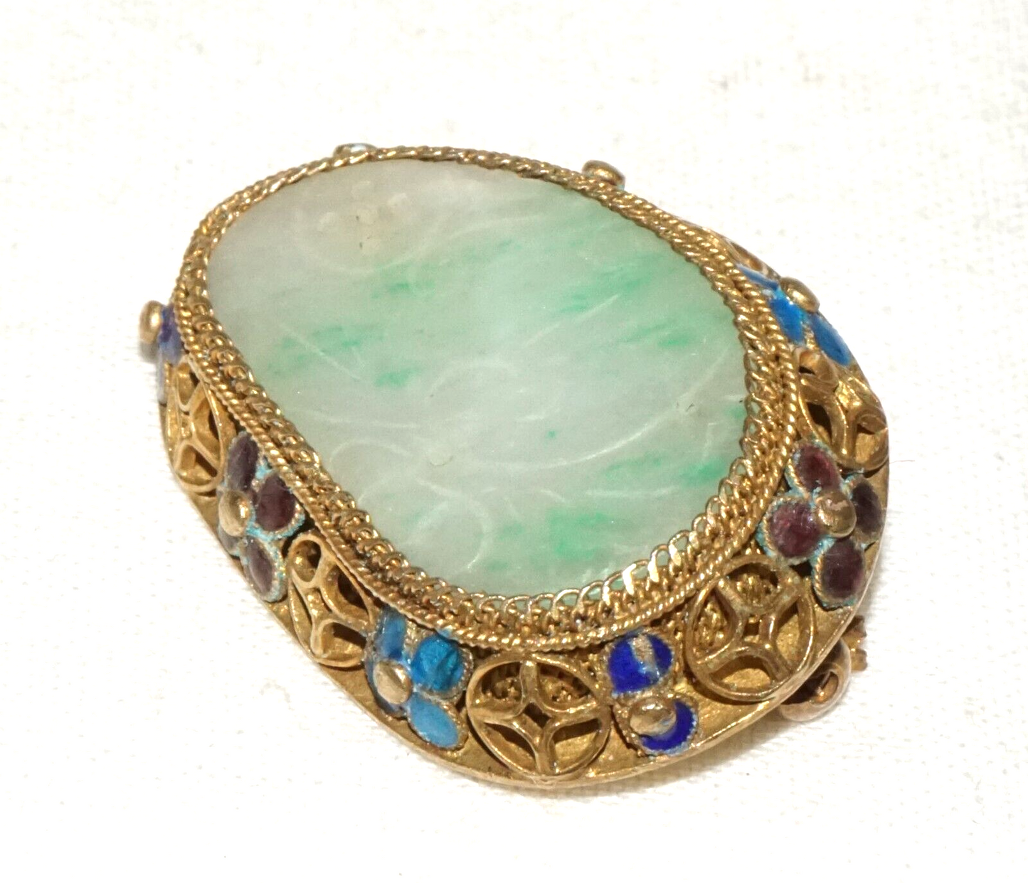Antique Chinese Silver Filigree & Enamel Brooch set w. Jadeite Jade (InS)#L1-3
