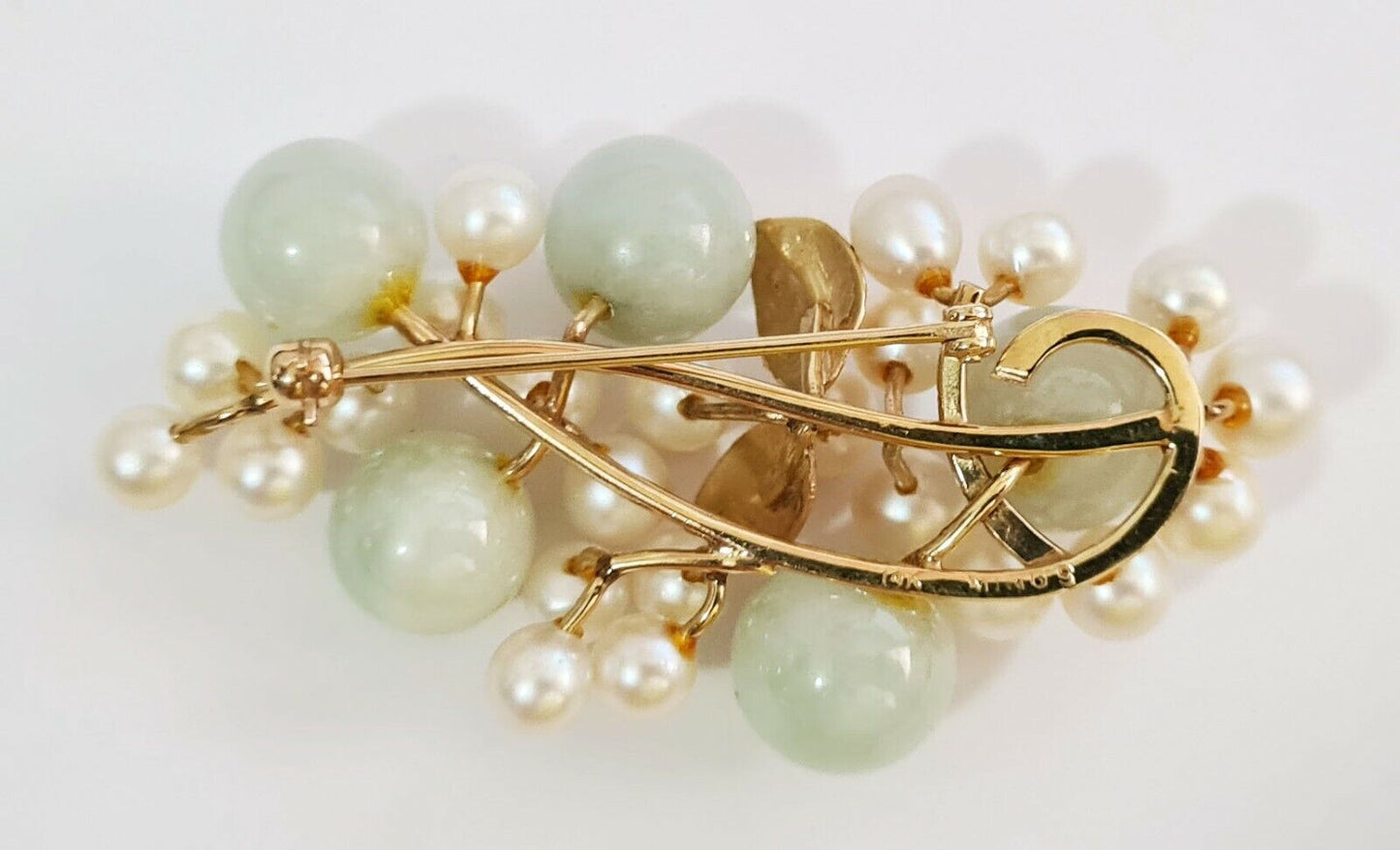 Chinese 14k Yellow Gold Brooch w. 5x Green Jades & 23x Pearls by Ming's (NaD)#6b