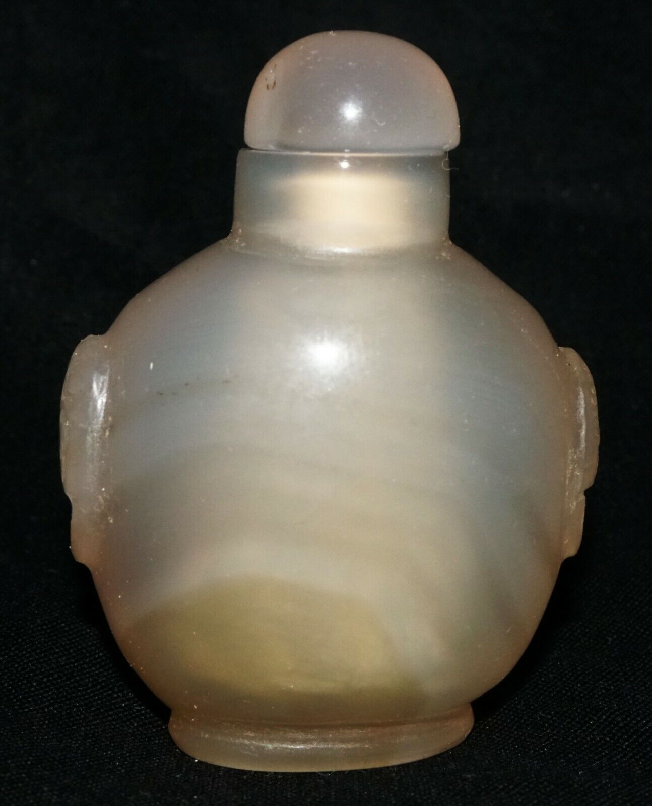 Vintage Chinese Agate Carved Snuff Bottle w. Mask Handles & Stopper (LeS) G2