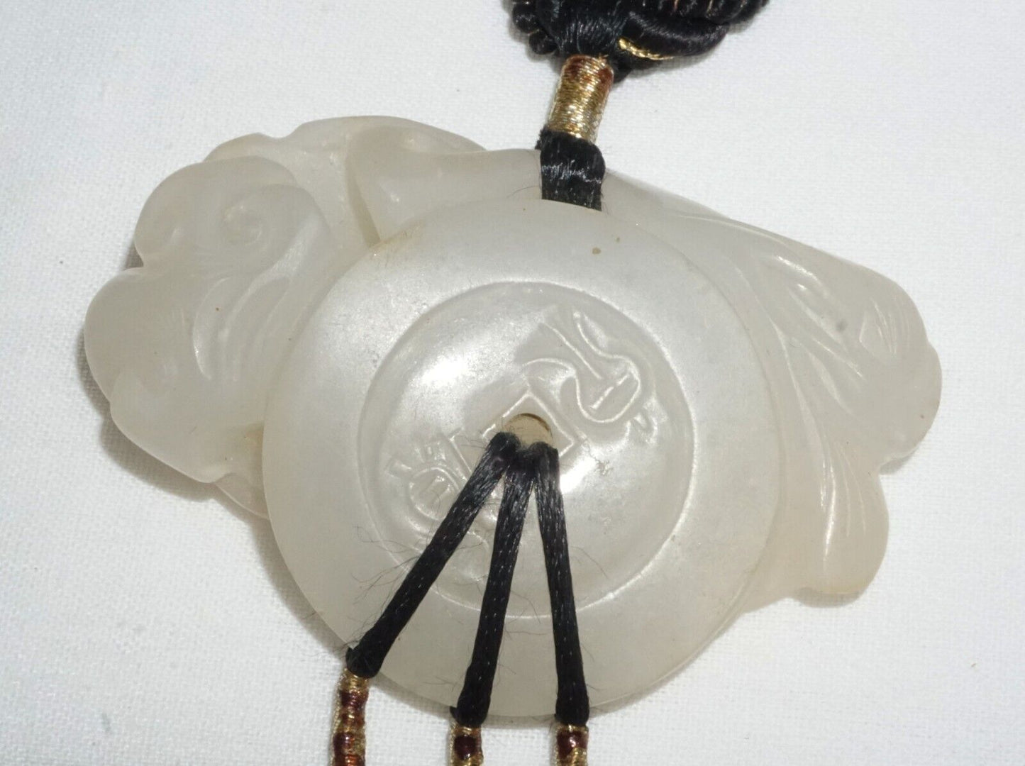 19C Chinese Nephrite Jade Pendant w. Bat & Coin Motif on Cord Necklace (FeL)