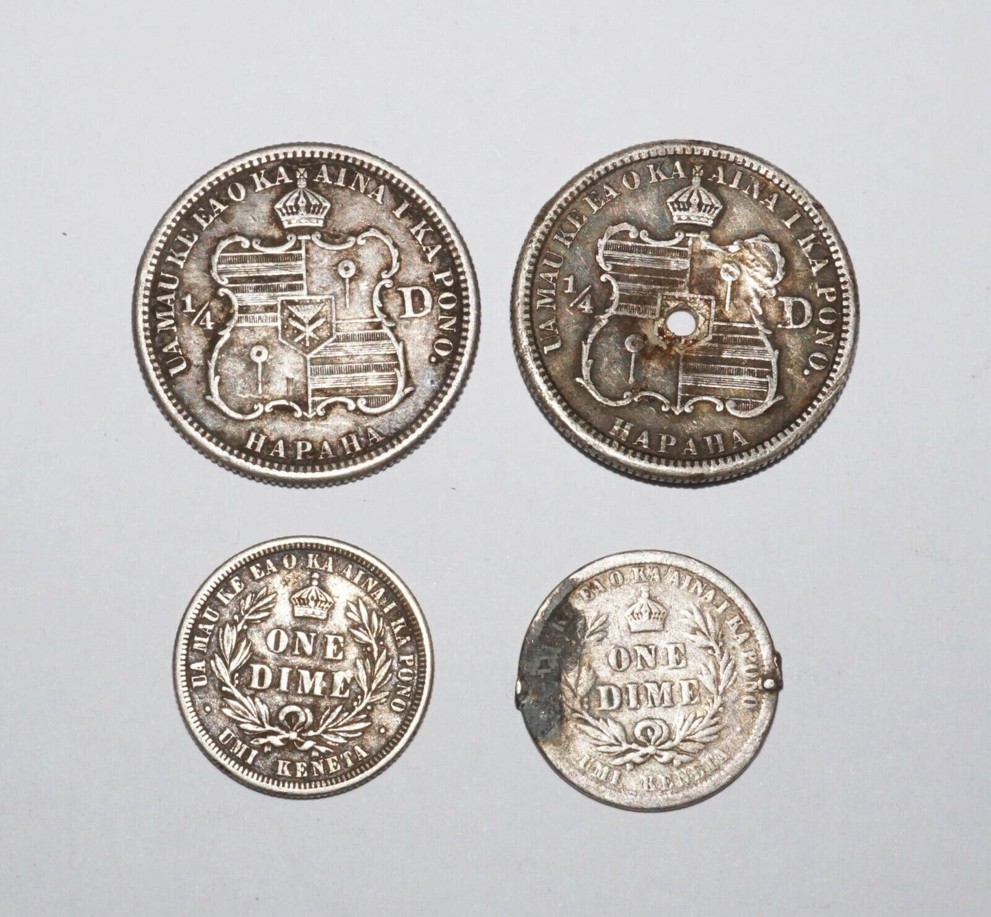 4x 1883 Hawaii Silver Quarter Dollar Hapaha & 10 Cents 1x Dime Kalakaua (Amy)