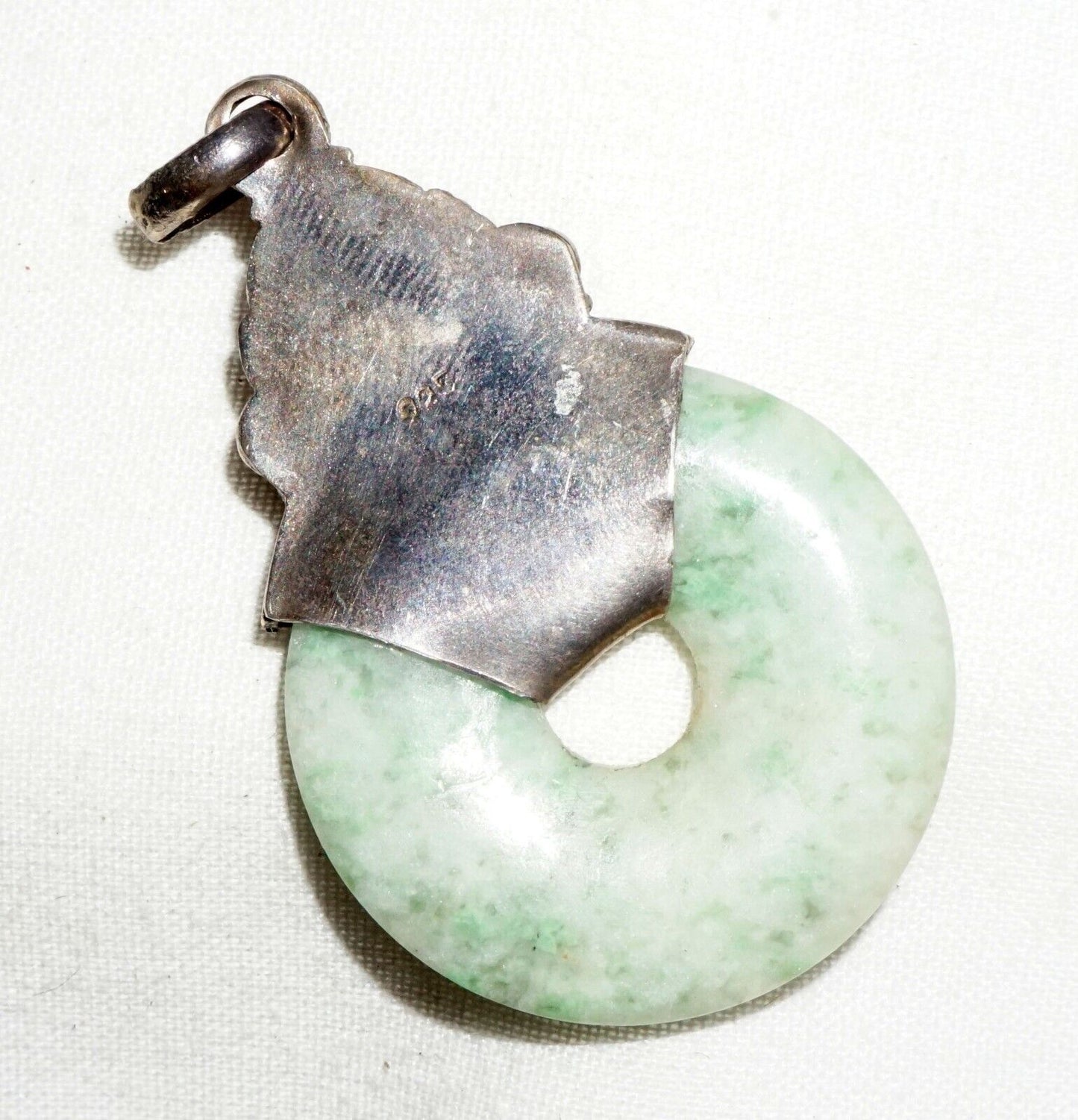 Vintage Chinese Sterling Silver Pendant w. Jadeite Jade Disk & Amethyst (***)