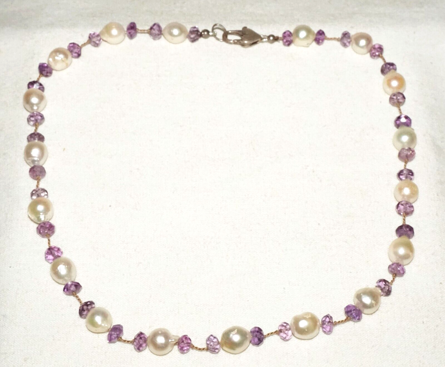 Vintage Sterling Silver Necklace w. Baroque Pearls & Facetted Amethyst (LeP)