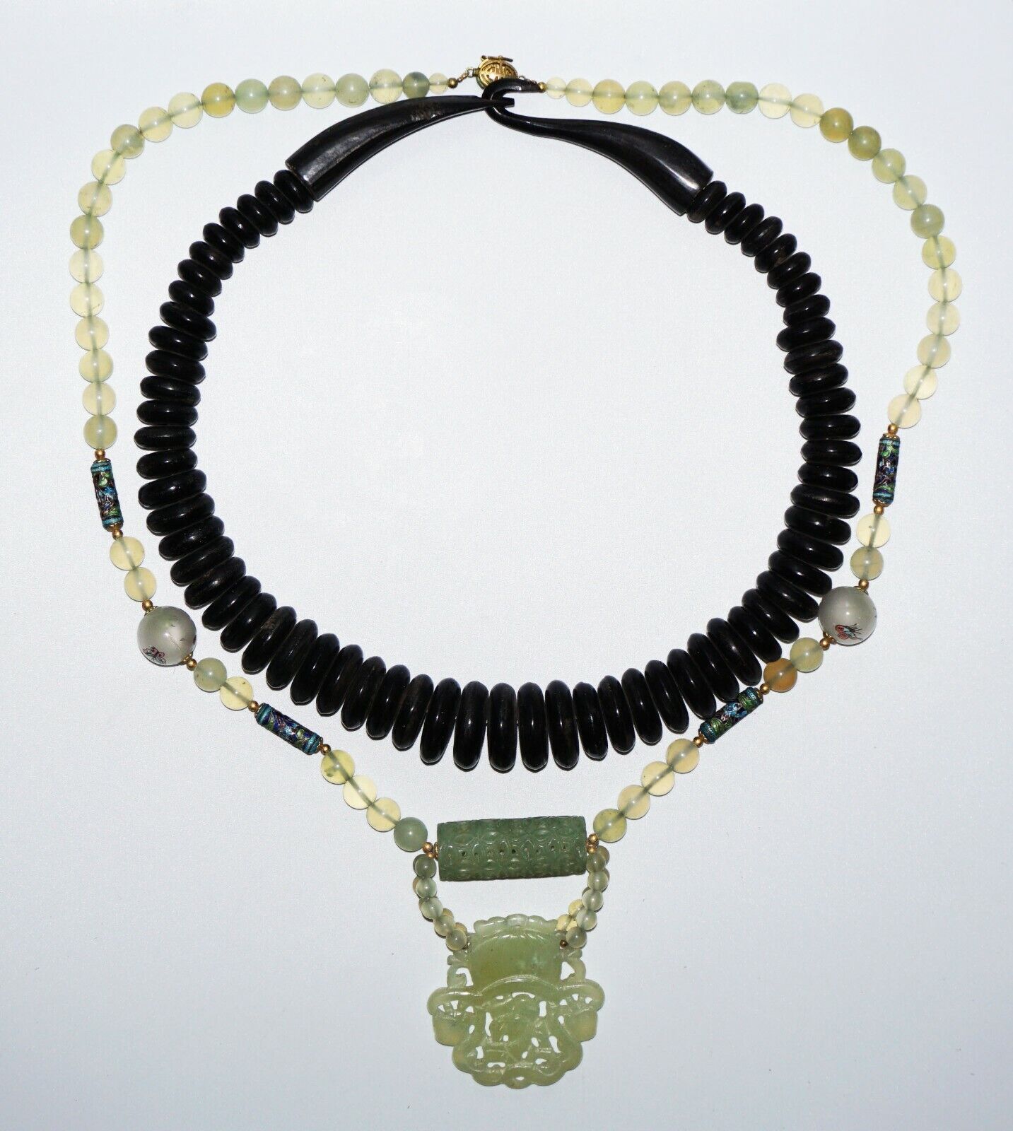 2x Vintage Chinese Horn & Hard-stone & Glass Bead Necklace w. Pendant (NoN)C2