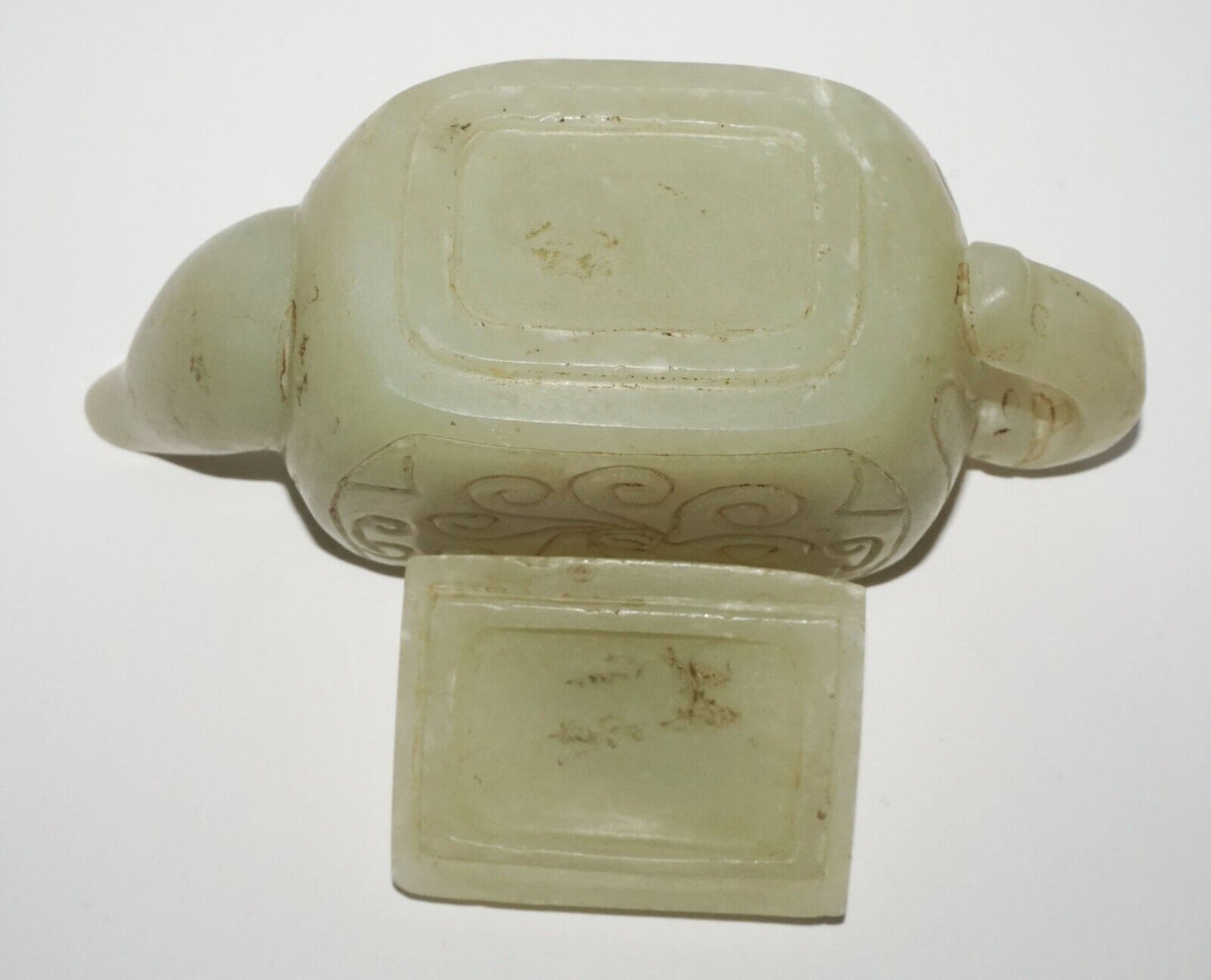 Vintage Chinese Nephrite Jade Carved Tea Pot w Incised Curvilinear Motifs (LeS)