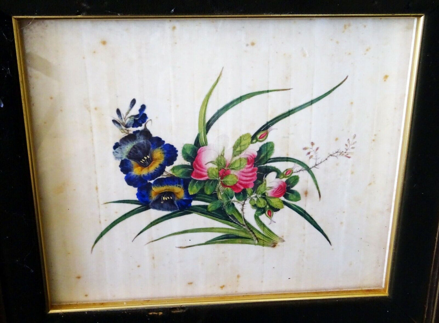 2Pc 19C Chinese Framed Export Floral Color Pith Painting Lot (AHB)