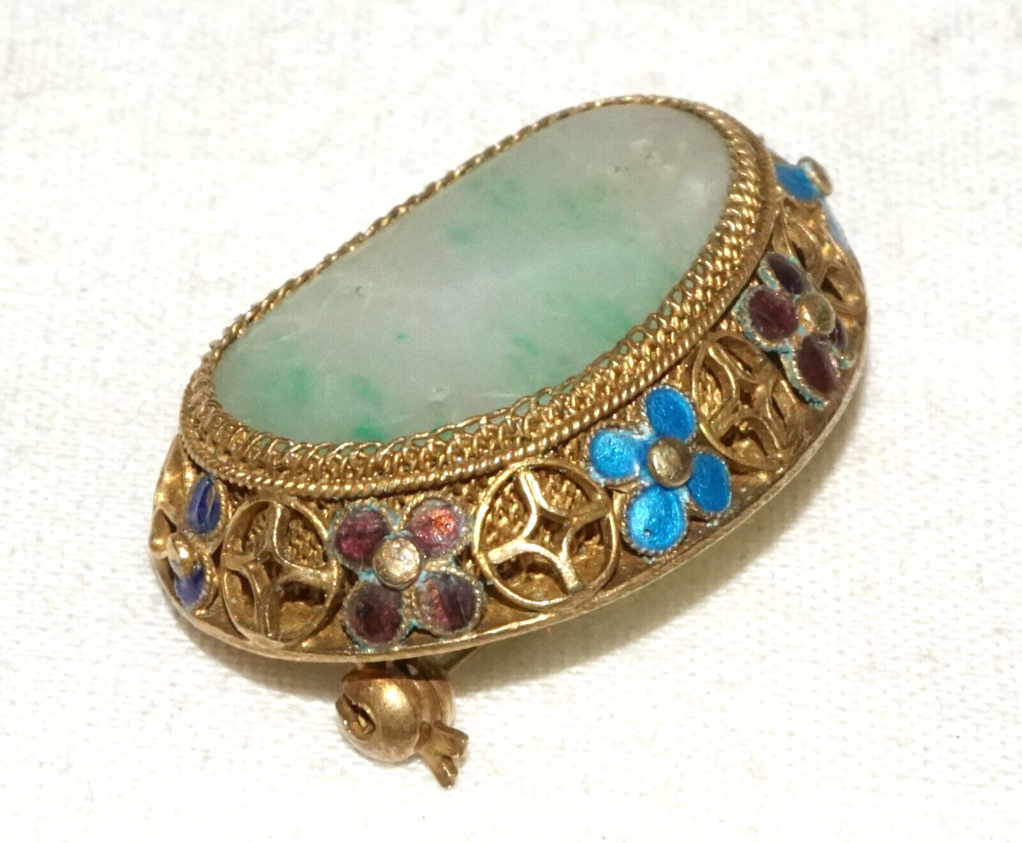 Antique Chinese Silver Filigree & Enamel Brooch set w. Jadeite Jade (InS)#L1-3