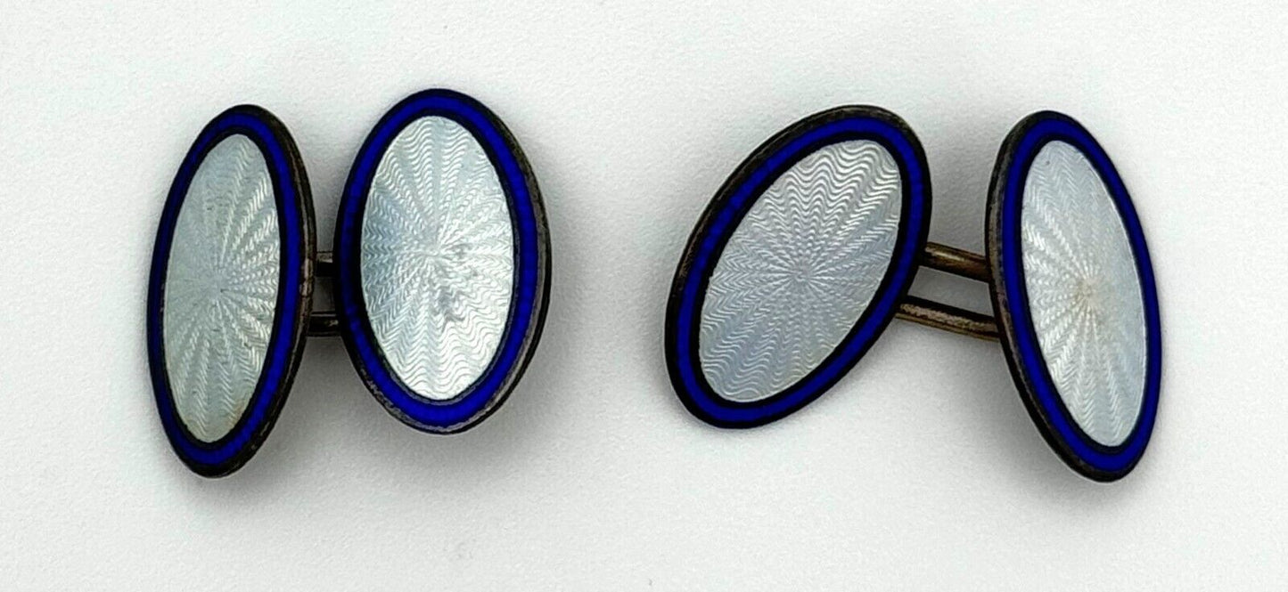 Vintage Sterling Enameled Cuff Links Blue & Silver Marked Sterling (MiM)